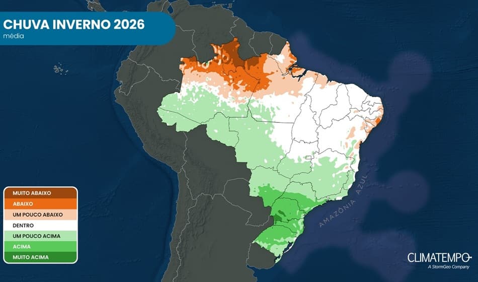 Previsão da anomalia de precipitação para o inverno de 2026 no Brasil. Os tons de verde indicam chuva acima média e os tons em marrom, chuva abaixo da média climatológica para a estação.