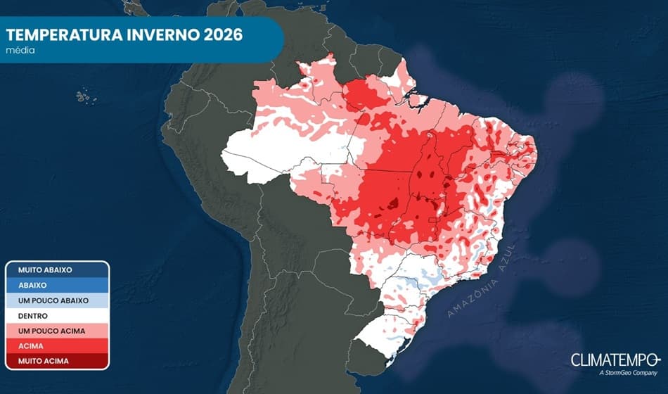 Previsão da anomalia de temperatura para o inverno de 2026 no Brasil. Os tons de vermelho indicam temperatura acima média e os tons em azul, temperatura abaixo da média climatológica para a estação.